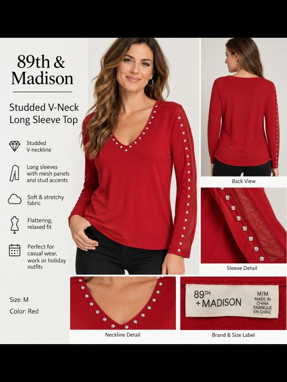 Madison Women's Red V-Neck Studded Long-Sleeve Top